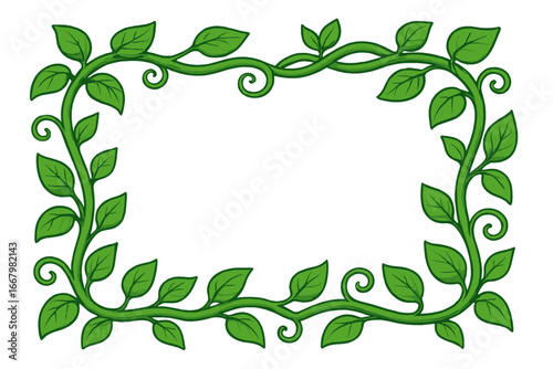 Green vine frame with leaves. Vector cartoon illustration for decorative design. Natural plant border with foliage for jungle, forest, or garden themes. Botanical decoration.