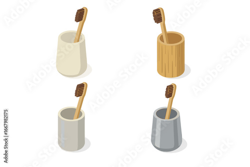Toothbrush holder isometric icon set. Eco-friendly bamboo toothbrush in ceramic and wooden cups. Sustainable oral hygiene, dental care, bathroom accessory vector elements.