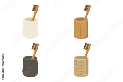 Toothbrush holder isometric icon set. Flat vector design. Eco-friendly bamboo toothbrush in holders made of ceramic, wood, and stone. Dental care, oral hygiene concept.