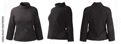 Photography Realistic 3D clothing designs showcasing dark turtleneck sweaters