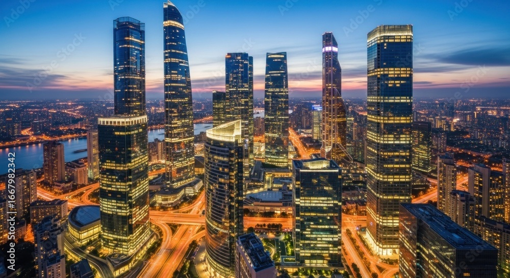 Obraz premium Modern City Skyline at Twilight with Illuminated Skyscrapers.