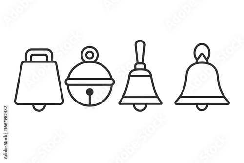Bell icons outline set. Traditional hand bell designs like cowbell, sleigh bell, church handbell and dinner bell. Vector symbol for alarm, sound, notification, alert.