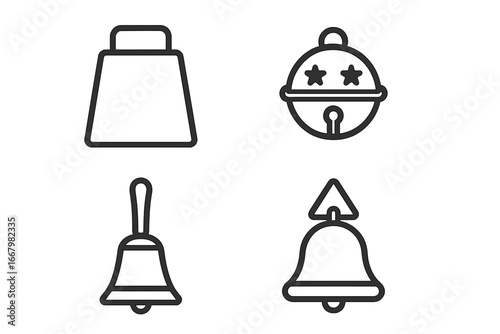Bell icon set. Traditional outline vector icons. Collection includes cowbell, sleigh bell, Christmas jingle bell, handbell, church bell, dinner bell. Sound, alarm symbols.