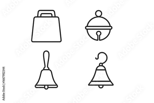 Bell icon set. Traditional outline icons of handbell, cowbell, sleigh bell and ship's bell. Simple vector line art illustration for notification, alarm or sound concepts.