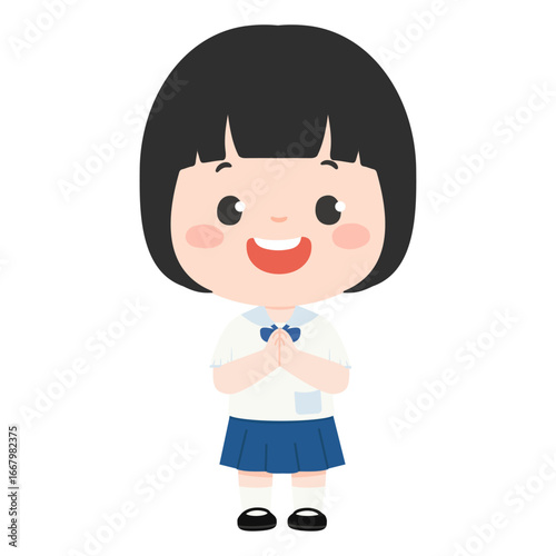 Girl  Illustration of Student Greeting with Wai