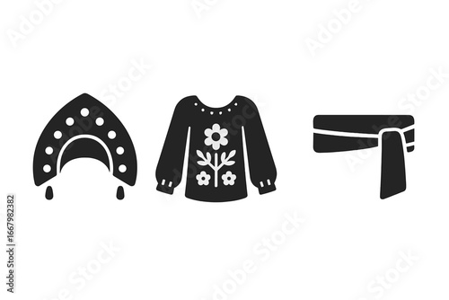 Ukrainian national costume icon set. Vector glyphs of Vyshyvanka embroidered shirt, kokoshnik headdress, and sash belt. Slavic folk clothing symbols for design.