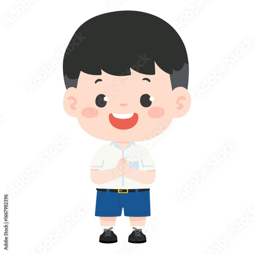 Cartoon Illustration of Student Greeting with Wai