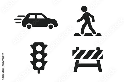 Traffic danger and safety icon set. Solid glyph vector icons of speeding car, pedestrian crossing, traffic light, and road barrier. Roadblock and accident prevention symbols.