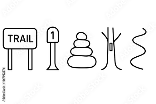 Trail signage and markers icon set for hiking navigation. Vector outline illustration of a trailhead sign, milepost, rock cairn, blazed tree, and path for outdoor adventure.