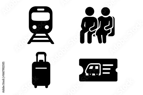 Train journey icon set. Solid glyph icons of public transport, travel, passengers, luggage, ticket, and railway. Vector symbols for vacation, trip and transportation.