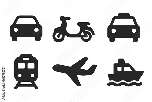 Transportation icons grid. Solid filled icon set of public and private transport. Car, scooter, taxi, train, airplane, boat. Vector travel symbols. Vehicle pictograms.