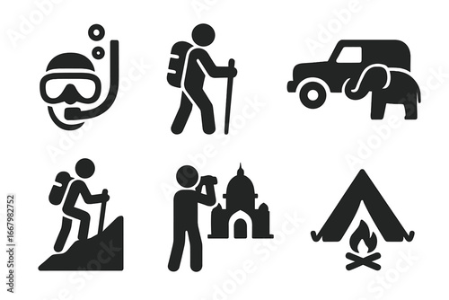 Travel activity solid glyph icon set. Outdoor adventure and vacation concept. Snorkeling, backpacking, safari, hiking, sightseeing, and camping vector illustration symbols.