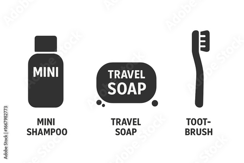Travel hygiene essentials vector icon set. Solid glyph icons of travel size toiletries. Mini shampoo bottle, travel soap bar, and toothbrush. Personal care product symbols.