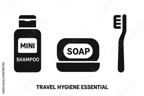 Travel hygiene essentials icon set. Solid, filled vector illustration of personal care toiletries. Mini shampoo, travel soap bar, and toothbrush kit for vacation or trips.