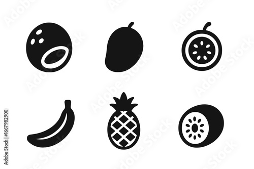 Tropical fruit icon set. Solid glyph vector collection of exotic summer fruits. Food ingredient silhouettes, coconut, mango, passion fruit, banana, pineapple, kiwi. Healthy diet.