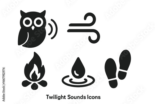Twilight sounds icon set. Solid glyph vector icons of owl hoot, wind breeze, crackling fire, water splash, and footsteps. Nature, camping and outdoor audio symbol collection.