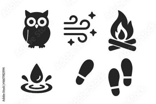 Twilight sound icons solid filled vector set with owl hoot, night breeze, crackling fire, water splash, footsteps, nature sounds, atmospheric night elements illustration