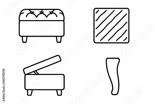 Upholstered Trunk Icons Vector Set, Outline Style, Tufted Lid Storage Bench, Fabric Texture, Hinged Seat, Wooden Legs, Home Furniture Design Elements, Modern Interior