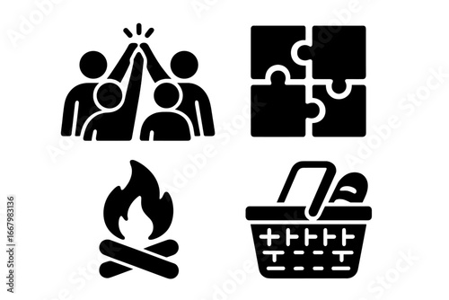 Team Building Icons Solid Filled Vector Set of Group High Five, Puzzle Pieces, Campfire, Picnic Basket Activity Symbols for Outdoor and Indoor Corporate Teamwork
