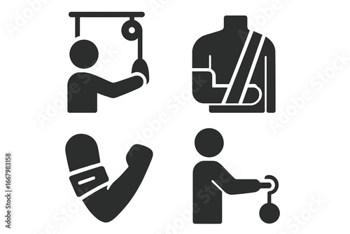 Upper body physiotherapy icons set, solid filled vector illustration including shoulder pulley exercise, arm sling support, elbow brace, and wrist roller rehabilitation tools on transparent background