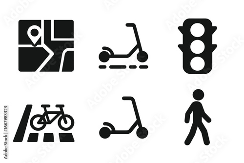 Urban Scooter Icons Solid Filled Vector Set of City Scooter Routes, Bike Lane, Traffic Light, Crosswalk, Pedestrian Symbols for Urban Mobility and Transport Design