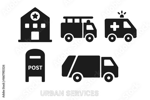 Urban Services Icons Set, Solid Filled Vector Illustrations of Police Station, Fire Truck, Ambulance, Post Box, Garbage Truck, Emergency and City Infrastructure Symbols