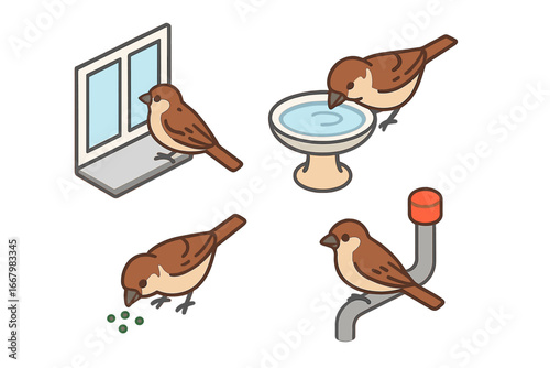 Isometric Urban Sparrow Interaction Icon Set, Flat Design Vector Illustration of Sparrow on Windowsill, Birdbath, Eating Seeds and Perching on Pipe