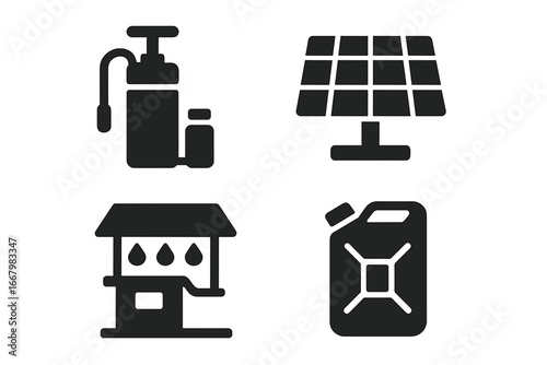 Urban survival gear icons solid filled vector set featuring rooftop survivalist equipment including water purifier, solar panel, rainwater collector, fuel container, emergency essentials