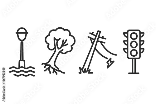 Urban Storm Damage Icons Set. Outline Vector Collection Featuring Flooded Streetlamp, Uprooted Tree, Downed Power Lines, and Traffic Light, Storm Impact and City Disaster Symbols