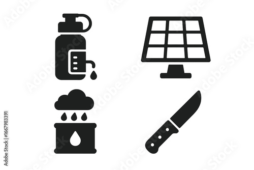 Urban survival gear icons set with water purifier, solar panel, rainwater collection barrel, and survival knife. Solid filled symbols of rooftop and outdoor preparedness essentials vector illustration