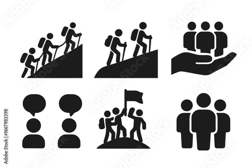 Solid filled teamwork icon set with group hikers climbing rope, hand support, communication bubbles, team flag planting, and people silhouettes for collaboration and leadership concepts