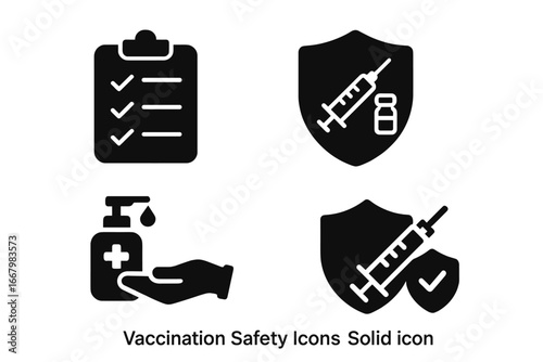 Vaccination Safety Icons Set, Solid Filled Vector, Healthcare Checklist, Shield Protection, Hand Sanitizer, Syringe and Vaccine Vial, Immunization Prevention Symbols