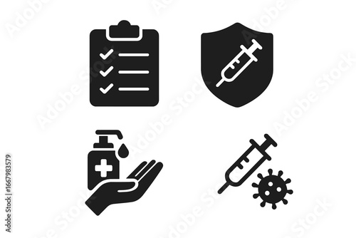 Vaccination Safety Icons Vector Set, Solid Filled Design Including Precautions Checklist, Protective Shield with Syringe, Hand Sanitizer and Virus Symbol, Medical Health Care Concept