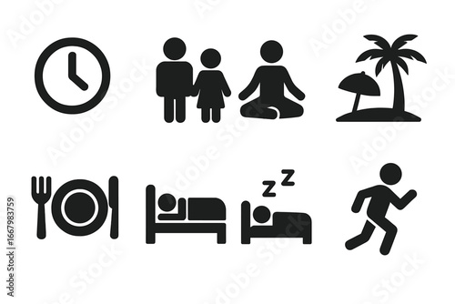 Work-Life Balance Icons Vector Set with Clock, Family, Yoga, Vacation, Meal, Sleep, Exercise Symbols for Lifestyle and Wellness Concepts