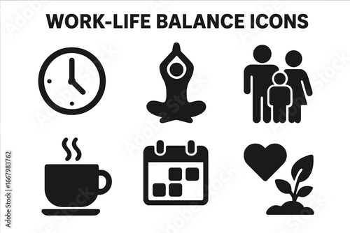 Work-Life Balance Icons Set, Solid Filled Vector Illustrations Clock, Yoga Pose, Family, Coffee Cup, Calendar, Heart, Plant, Wellness and Relaxation Concepts