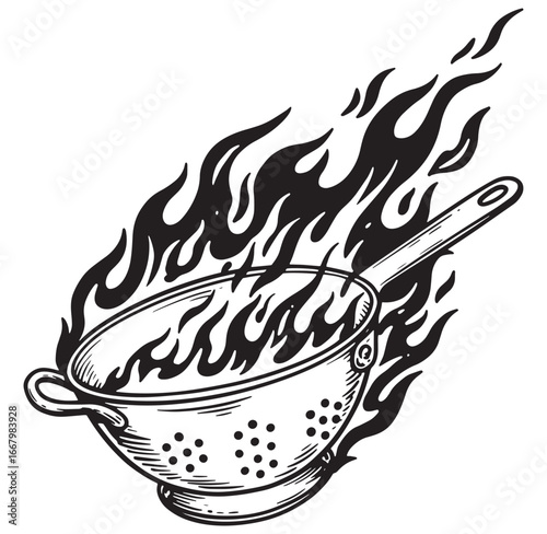 A black and white illustration of a colander on fire with a retro tattoo style
