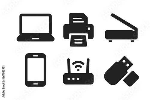 Workplace technology icons solid filled set including laptop, printer, scanner, smartphone, router, USB drive, office equipment vector illustration on transparent background