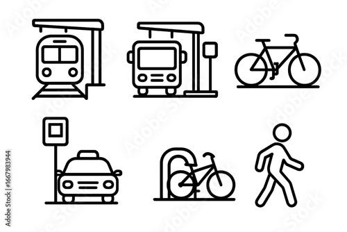 Transit Icon Set Multimodal Transportation Symbols with Train Platform, Bus Bay, Bicycle Rack, Taxi Stand and Pedestrian Outline Vector Illustration