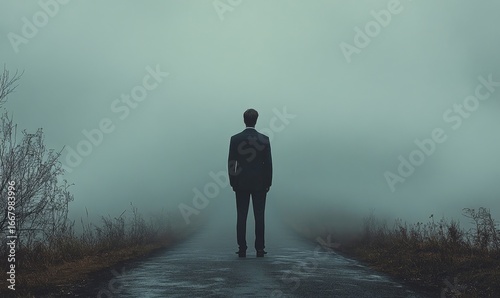 pensive businessman in a suit stands at the edge of a road that disappears into dense fog, symbolizing the uncertainty and unpredictable nature of business decisions, emphasizing, Generative AI