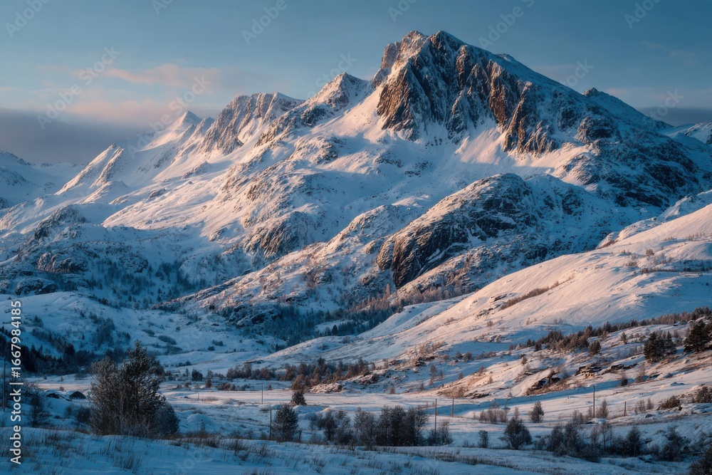 Fototapeta premium A scenic view of snow covered mountains and valley under a clear blue sky during daytime in winter season