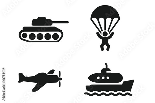 World War II military icons set with solid filled silhouette tank, paratrooper, warplane, submarine, and landing craft vector illustration on transparent background