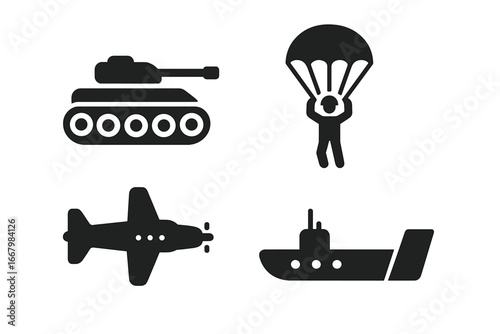World War II Military Icon Set, Solid Filled Vector Illustration of Tank, Paratrooper, Warplane, Submarine and Landing Craft Symbols for Historical Warfare Design
