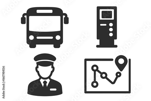 Transport icon set solid filled public transportation elements including city bus, ticket machine, bus driver, route map vector cartoon illustration collection