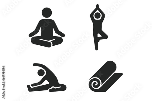 Solid Yoga Icon Set, 4 Black Filled Yoga and Relaxation Poses Including Seated Meditation, Tree Pose, Stretching Figure, and Rolled Yoga Mat Vector Illustration on Transparent Background