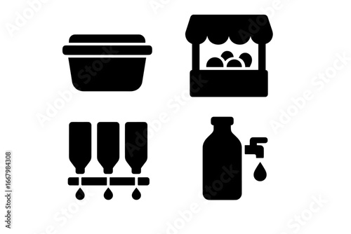 Zero waste icons solid filled vector set featuring reusable containers, farmers market stall, bulk bins with drops, refill station bottle, eco-friendly shopping symbols
