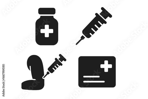 Vaccination Icons Grid Set, Solid Black Vector Symbols of Vaccine Vial, Syringe, Injection Arm, Vaccination Card, Immunization Healthcare, Medical Campaign Illustration