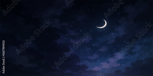 A lone moon shines brightly in the dark night sky, surrounded by twinkling stars and soft, ethereal clouds