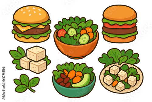 Variety of colorful plant-based foods including vegan burgers, fresh salads, tofu cubes, leafy greens, and healthy vegetarian meals. Cartoon vector illustration set with transparent background
