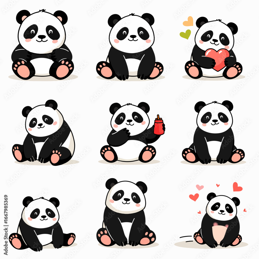 Obraz premium Cute cartoon set of seamless panda, bear, and baby animals vector illustration pattern
