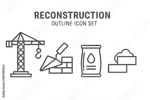 Reconstruction and rebuilding outline icon set. Construction industry symbols. Tower crane, bricklaying with trowel, cement bag, and masonry wall. Development and renovation.